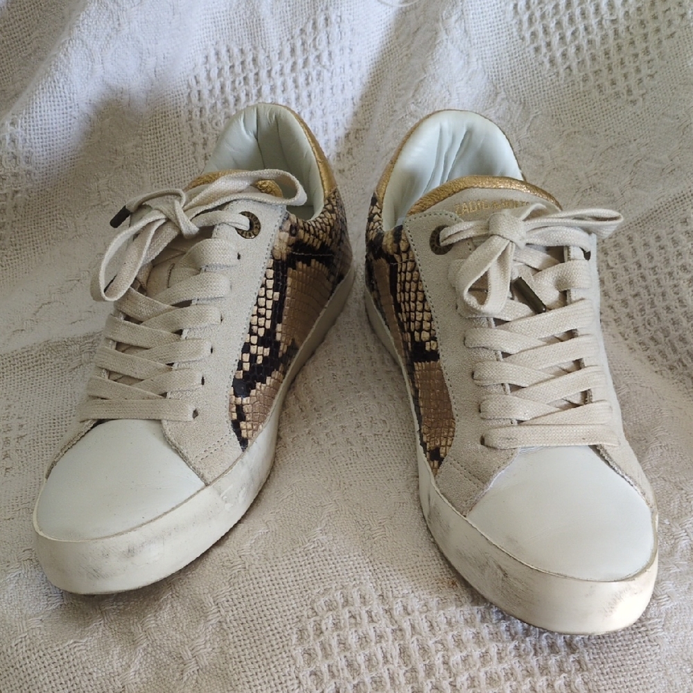 Zadig & Voltaire EU 40 Gold Snakeskin Reptile Print Pattern Trainers Sneakers